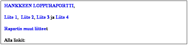 Tekstikehys: HANKKEEN LOPPURAPORTTI,  
Liite 1,  Liite 2, Liite 3 ja Liite 4
Raportin muut liitteet
Alla linkit:


